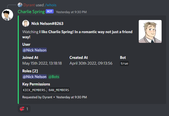 Charlie Spring bot showing the whois information of the Nick Nelson bot
